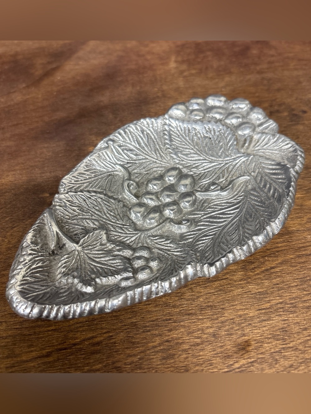 Silver Tone Metal Leaf Embossed Decorative Trinket Tray - Home Accents
